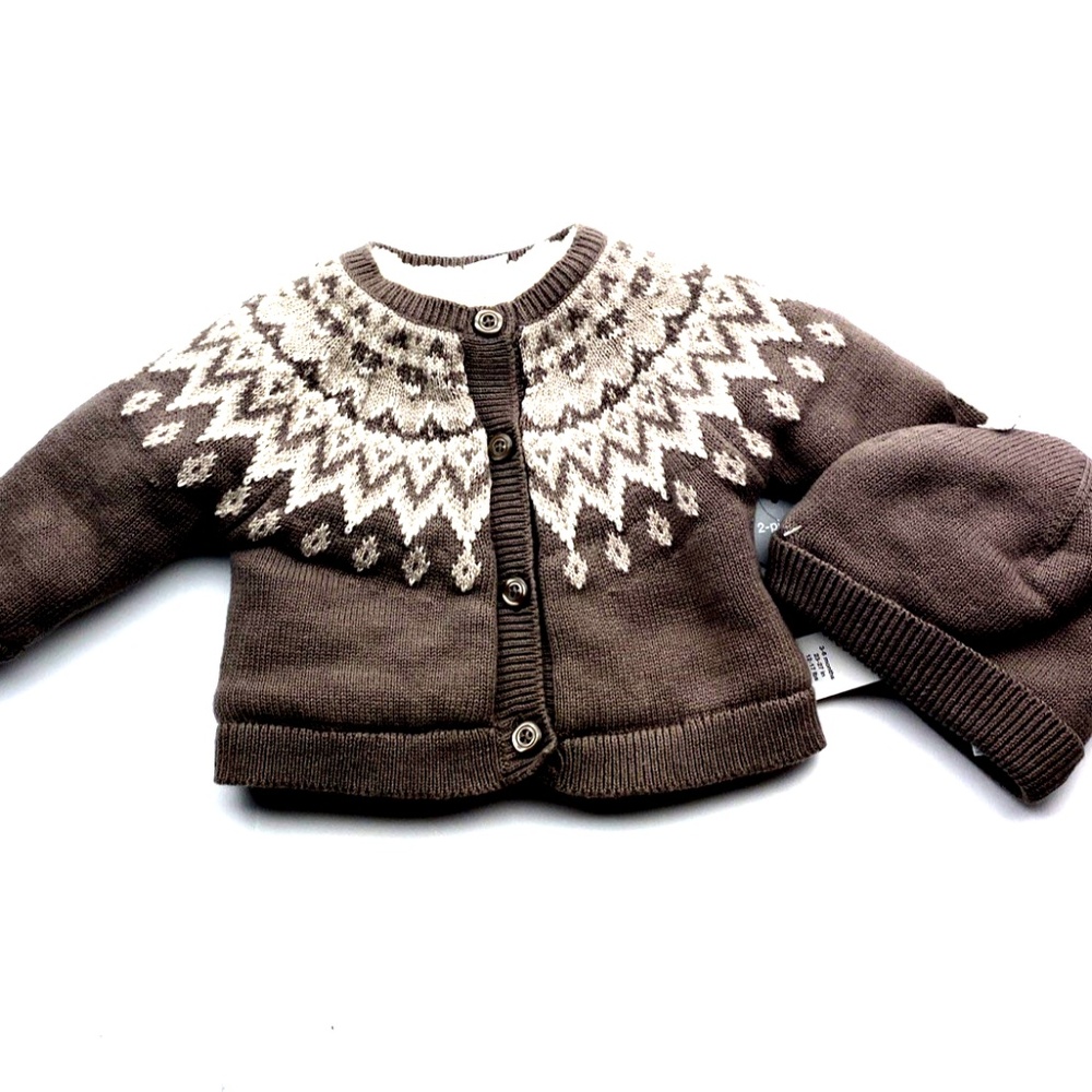Baby Gap Fair Isle Cardigan & Hat Size 3-6m Matching Set Heavy Thick Button Faux